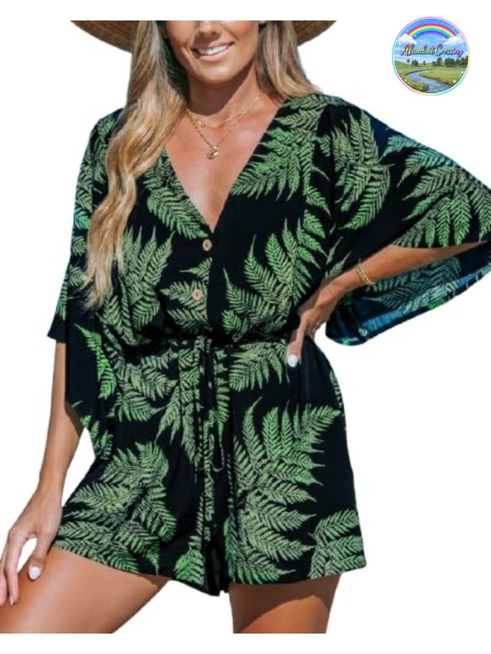 CUPSHE Tropical Print Romper V-Neck Tie Waist Short Sleeve